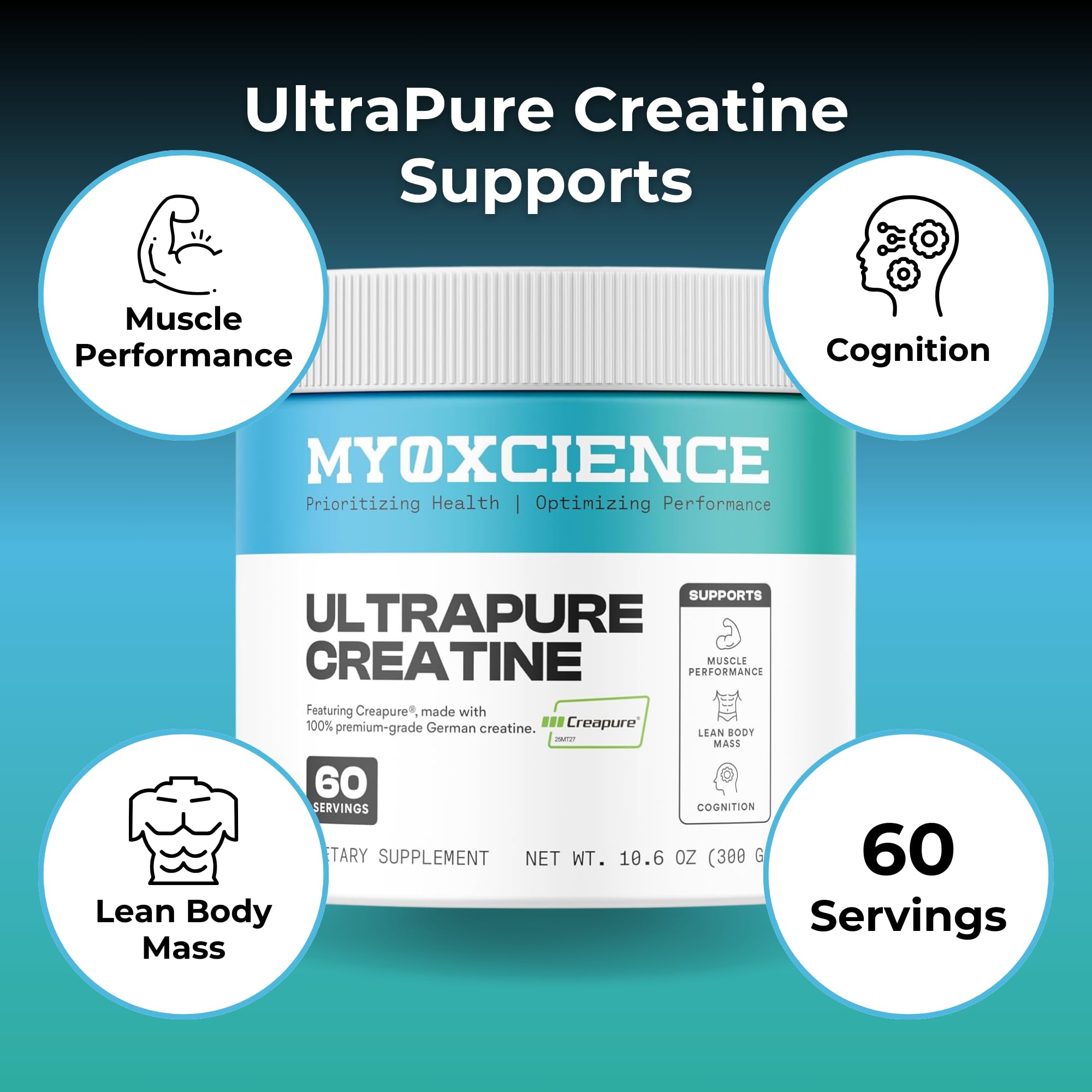 MYOXCIENCE Creapure® Creatine Monohydrate | Supports Strength & Muscle Mass, Cognition and Lean Body Mass | Unflavored 60 Servings - Maple Wellness Supplements