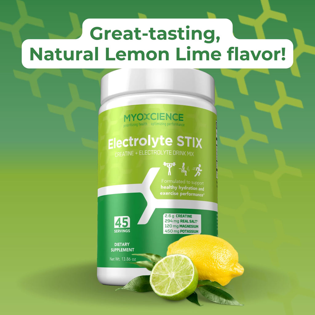 MYOXCIENCE Electrolyte STIX | Creatine Electrolyte Powder | Recovery from Exercise & Muscle Development w/Real Salt (Lemon Lime Flavor) (Jar 45 ct) - Maple Wellness Supplements