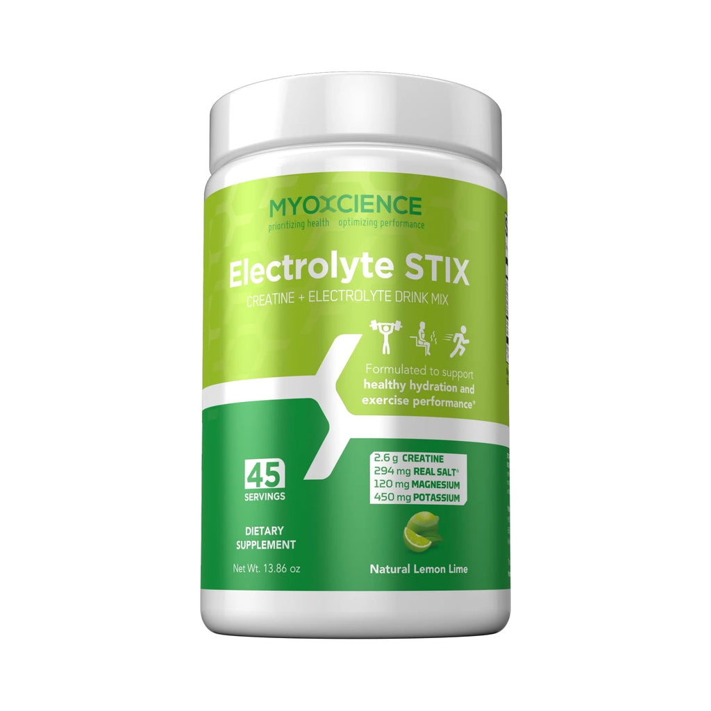 MYOXCIENCE Electrolyte STIX | Creatine Electrolyte Powder | Recovery from Exercise & Muscle Development w/Real Salt (Lemon Lime Flavor) (Jar 45 ct) - Maple Wellness Supplements