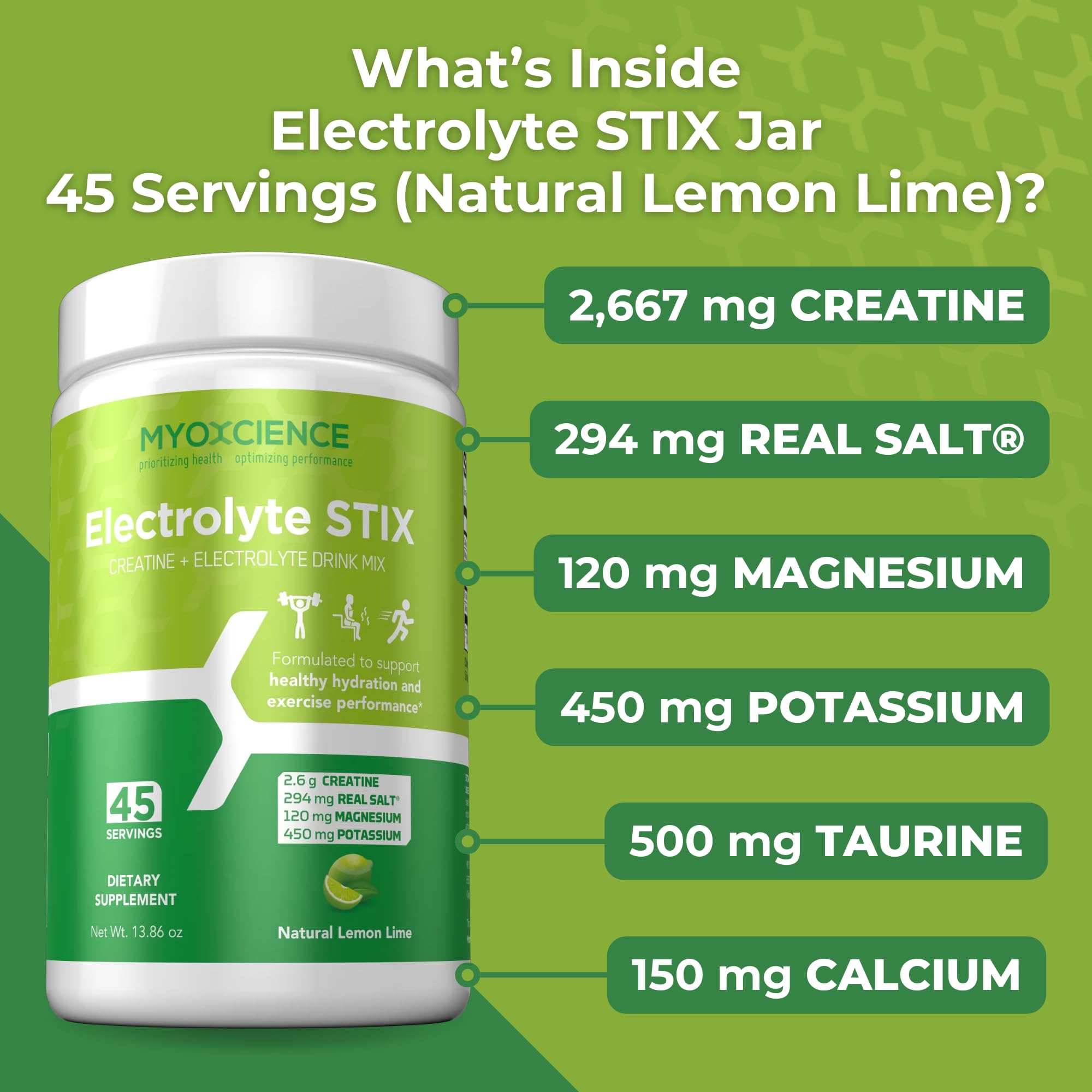 MYOXCIENCE Electrolyte STIX | Creatine Electrolyte Powder | Recovery from Exercise & Muscle Development w/Real Salt (Lemon Lime Flavor) (Jar 45 ct) - Maple Wellness Supplements