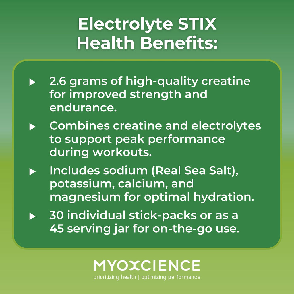 MYOXCIENCE Electrolyte STIX | Creatine Electrolyte Powder | Recovery from Exercise & Muscle Development w/Real Salt (Lemon Lime Flavor) (Jar 45 ct) - Maple Wellness Supplements