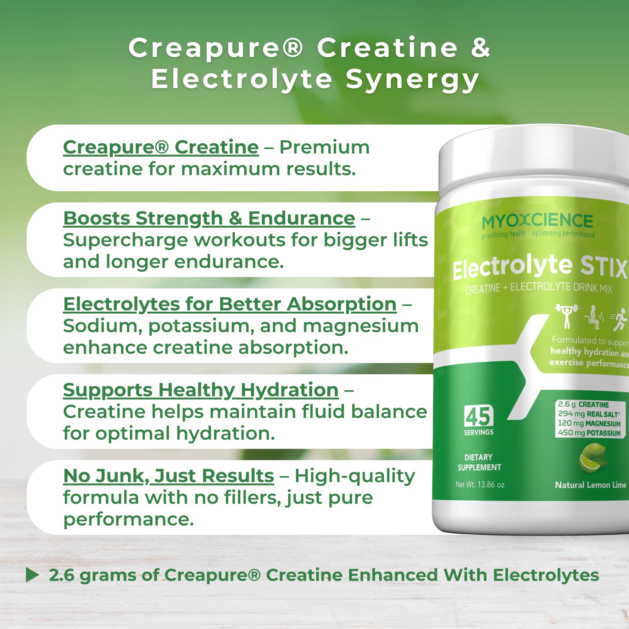 MYOXCIENCE Electrolyte STIX | Creatine Electrolyte Powder | Recovery from Exercise & Muscle Development w/Real Salt (Lemon Lime Flavor) (Jar 45 ct) - Maple Wellness Supplements