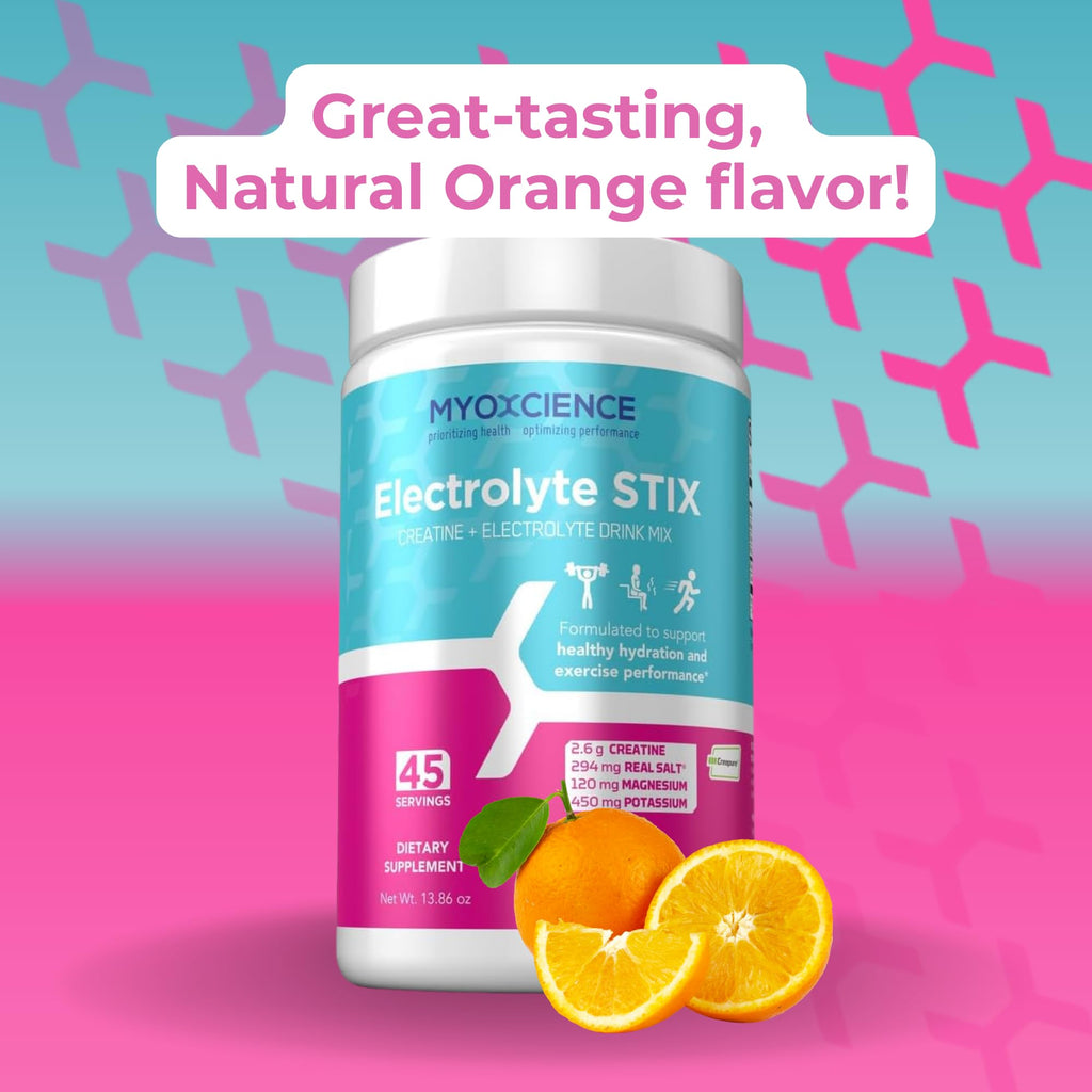 MYOXCIENCE Electrolyte STIX | Creatine Electrolyte Powder | Recovery from Exercise & Muscle Development w/Real Salt (Natural Orange Flavor) (Jar 45 ct) - Maple Wellness Supplements