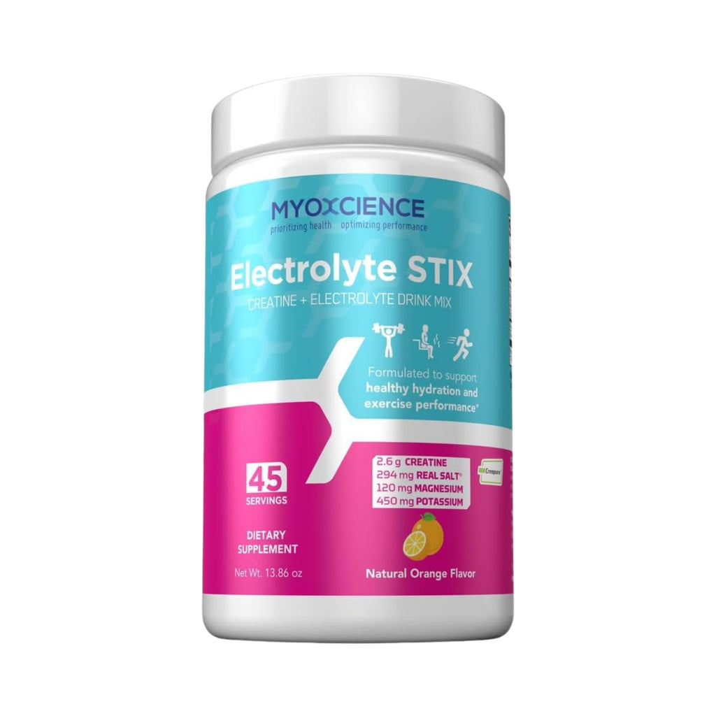 MYOXCIENCE Electrolyte STIX | Creatine Electrolyte Powder | Recovery from Exercise & Muscle Development w/Real Salt (Natural Orange Flavor) (Jar 45 ct) - Maple Wellness Supplements