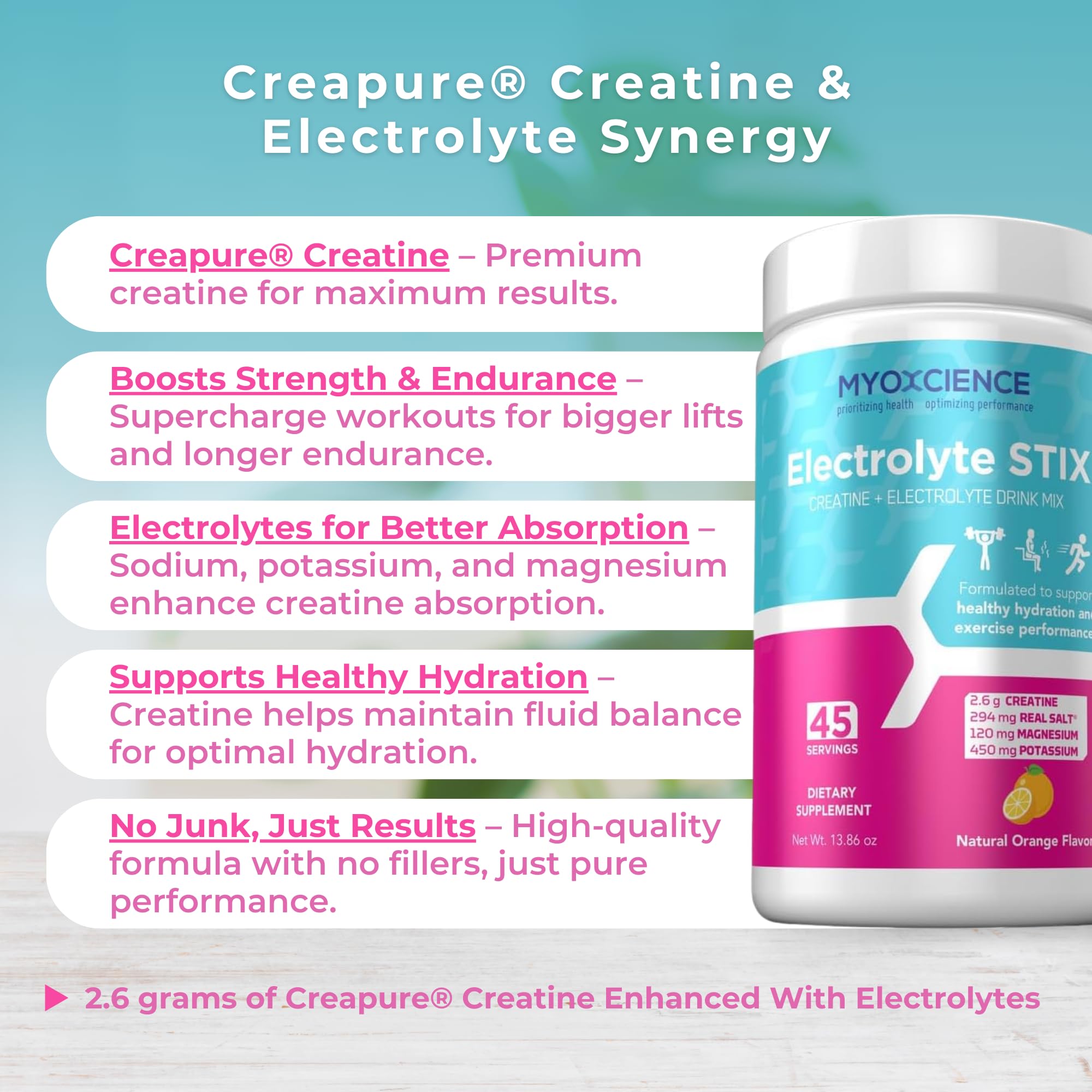 MYOXCIENCE Electrolyte STIX | Creatine Electrolyte Powder | Recovery from Exercise & Muscle Development w/Real Salt (Natural Orange Flavor) (Jar 45 ct) - Maple Wellness Supplements