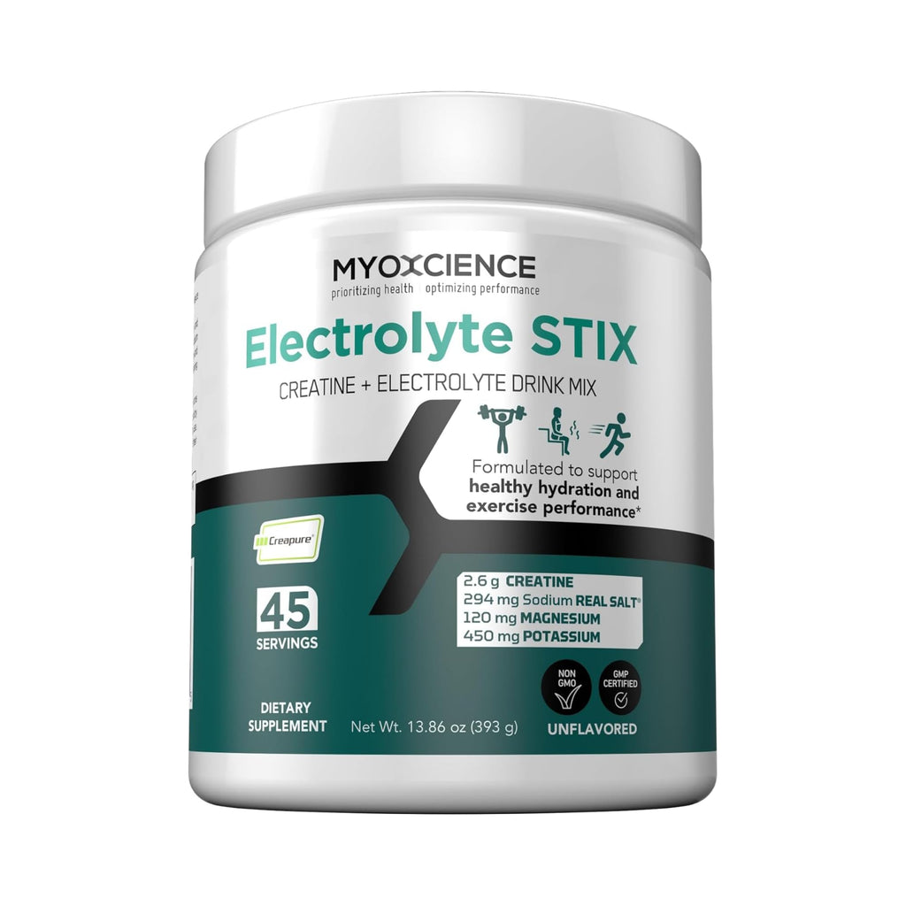 MYOXCIENCE Electrolyte STIX | Creatine Electrolyte Powder | Recovery from Exercise & Muscle Development w/Real Salt (Unflavored) (Jar 45 ct) - Maple Wellness Supplements