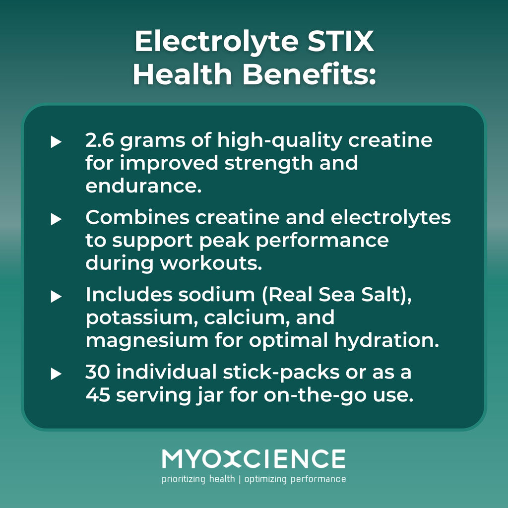 MYOXCIENCE Electrolyte STIX | Creatine Electrolyte Powder | Recovery from Exercise & Muscle Development w/Real Salt (Unflavored) (Jar 45 ct) - Maple Wellness Supplements