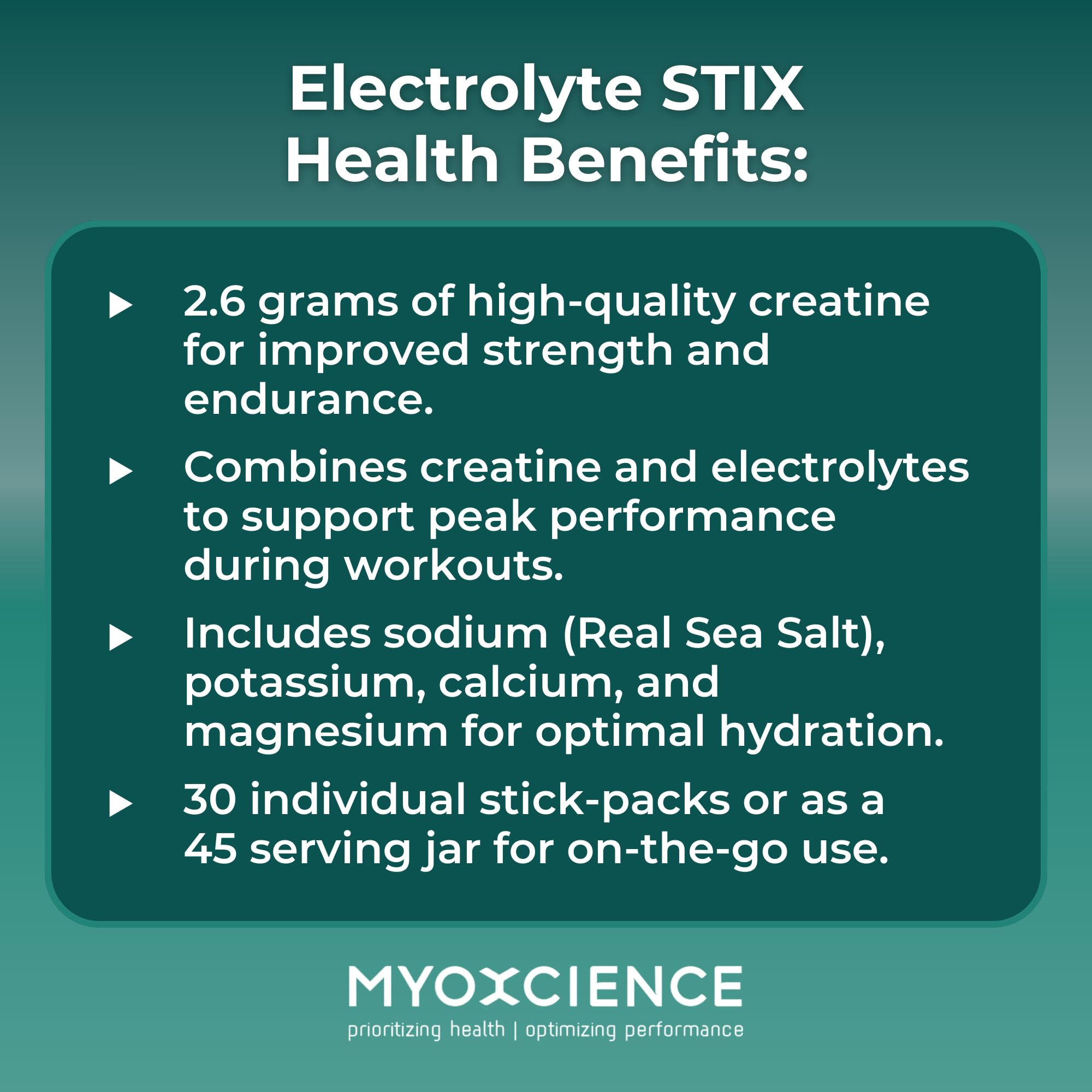 MYOXCIENCE Electrolyte STIX | Creatine Electrolyte Powder | Recovery from Exercise & Muscle Development w/Real Salt (Unflavored) (Jar 45 ct) - Maple Wellness Supplements