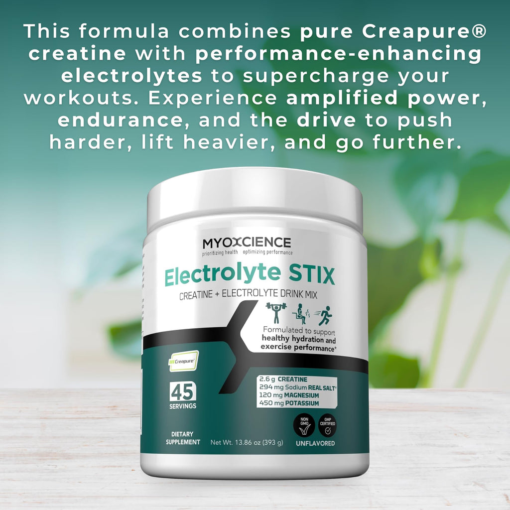 MYOXCIENCE Electrolyte STIX | Creatine Electrolyte Powder | Recovery from Exercise & Muscle Development w/Real Salt (Unflavored) (Jar 45 ct) - Maple Wellness Supplements