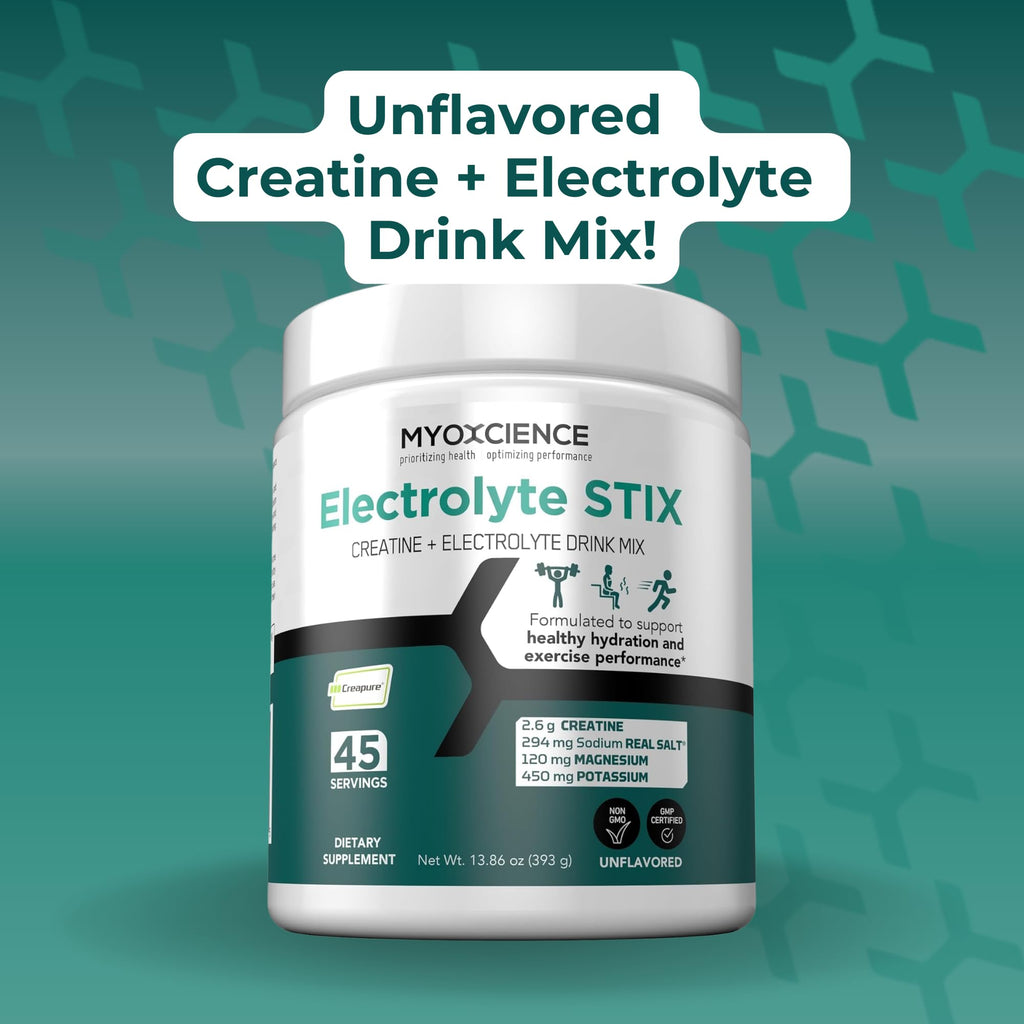 MYOXCIENCE Electrolyte STIX | Creatine Electrolyte Powder | Recovery from Exercise & Muscle Development w/Real Salt (Unflavored) (Jar 45 ct) - Maple Wellness Supplements