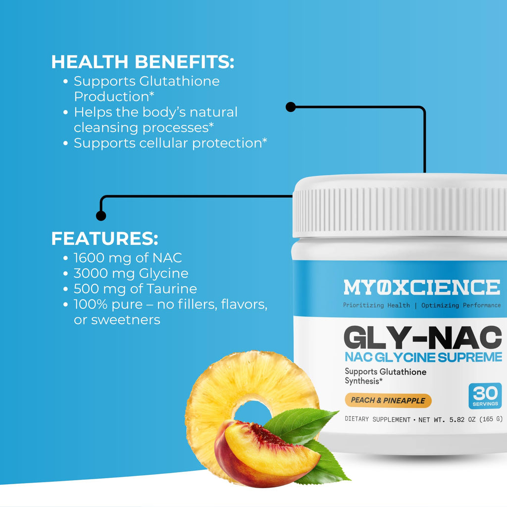 MYOXCIENCE NAC Glycine Supreme | N-Acetyl-L-Cysteine, Glycine, and Taurine Combination (Natural Peach and Pineapple Flavor) (30 Servings) - Maple Wellness Supplements