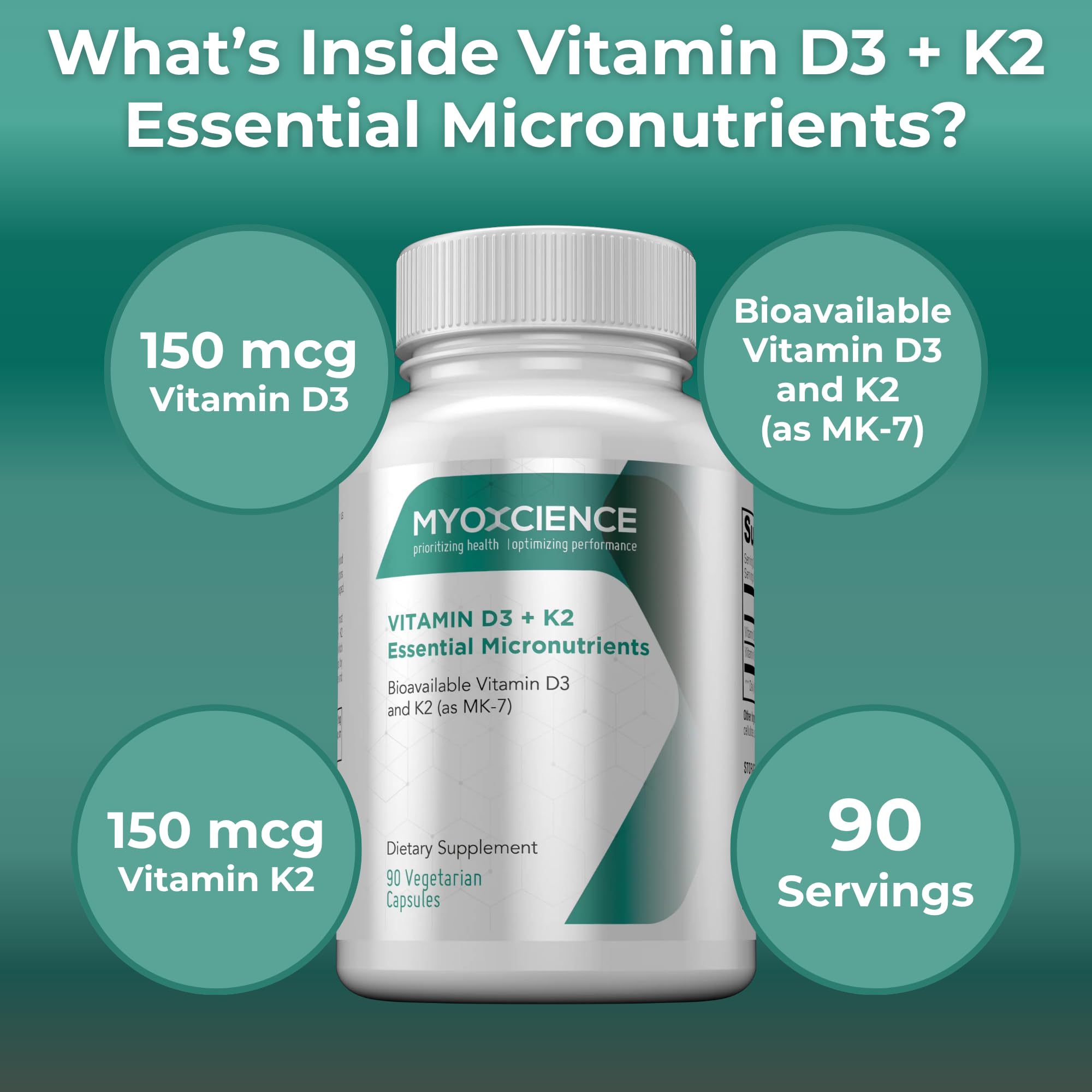 MYOXCIENCE Vitamin D3 + K2 Essential Micronutrients | Vitamin D3 5,000 IU | Vitamin K2 as MK-7 90 mcg (90 Vegetarian Capsules) - Maple Wellness Supplements