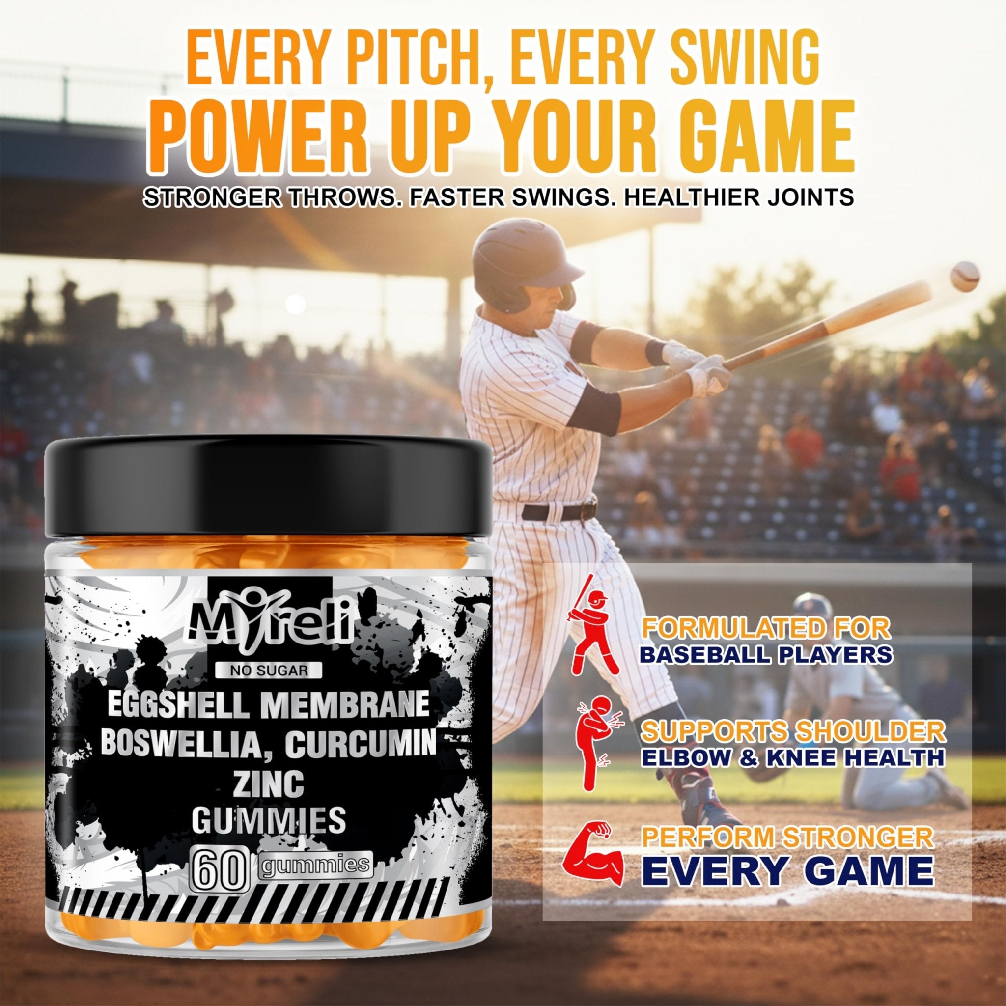 MYRELI Eggshell Membrane 400mg, Boswellia 300mg, Curcumin 250mg & Zinc 20mg Gummies - Baseball Athlete Joint Support, Flexibility, Recovery, Antioxidant, Energy, Endurance - Vegan, Non-GMO, 60 Gummies - TrustMedUSA