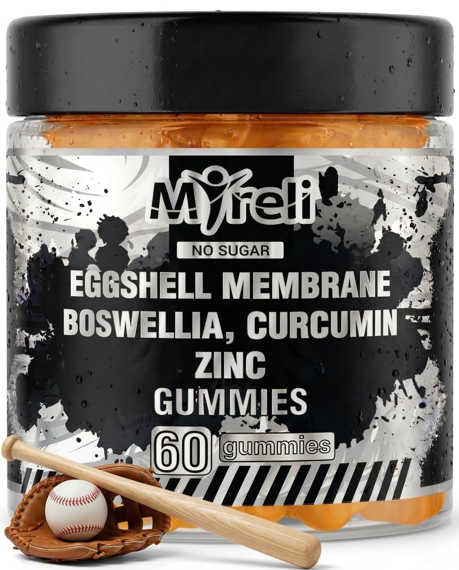 MYRELI Eggshell Membrane 400mg, Boswellia 300mg, Curcumin 250mg & Zinc 20mg Gummies - Baseball Athlete Joint Support, Flexibility, Recovery, Antioxidant, Energy, Endurance - Vegan, Non-GMO, 60 Gummies - TrustMedUSA