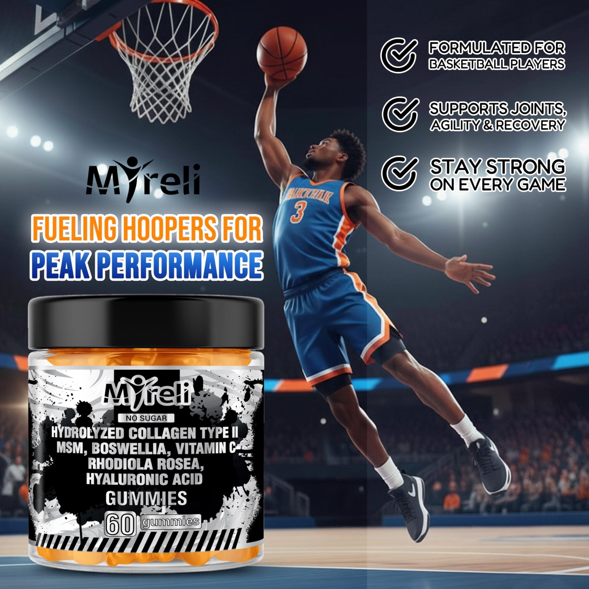 MYRELI Hydrolyzed Collagen Type II 500mg, MSM 700mg, Boswellia 200mg, Vitamin C 400mg, Rhodiola 100mg, Hyaluronic Acid 100mg, Joint Mobility, Flexibility, Basketball Athletes, Vegan, Non GMO, 60 Gummy - TrustMedUSA