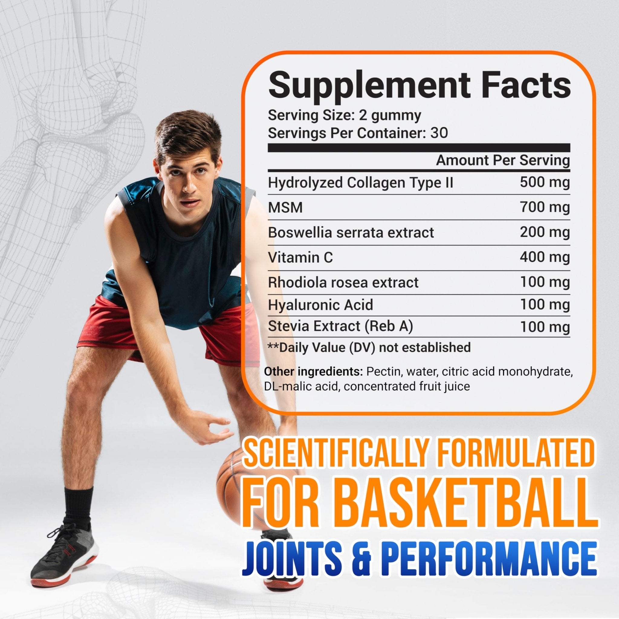 MYRELI Hydrolyzed Collagen Type II 500mg, MSM 700mg, Boswellia 200mg, Vitamin C 400mg, Rhodiola 100mg, Hyaluronic Acid 100mg, Joint Mobility, Flexibility, Basketball Athletes, Vegan, Non GMO, 60 Gummy - TrustMedUSA