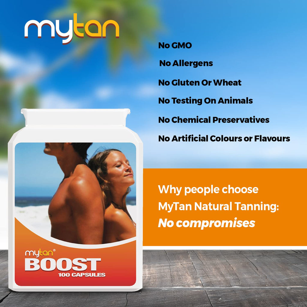 MyTan Boost Tan Pills | 100 Capsules | Sun Tan Accelerator | Natural Tanning Supplement | Tyrosine, Copper Multivitamin | 25-Day Extended Holiday Supply - TrustMedUSA