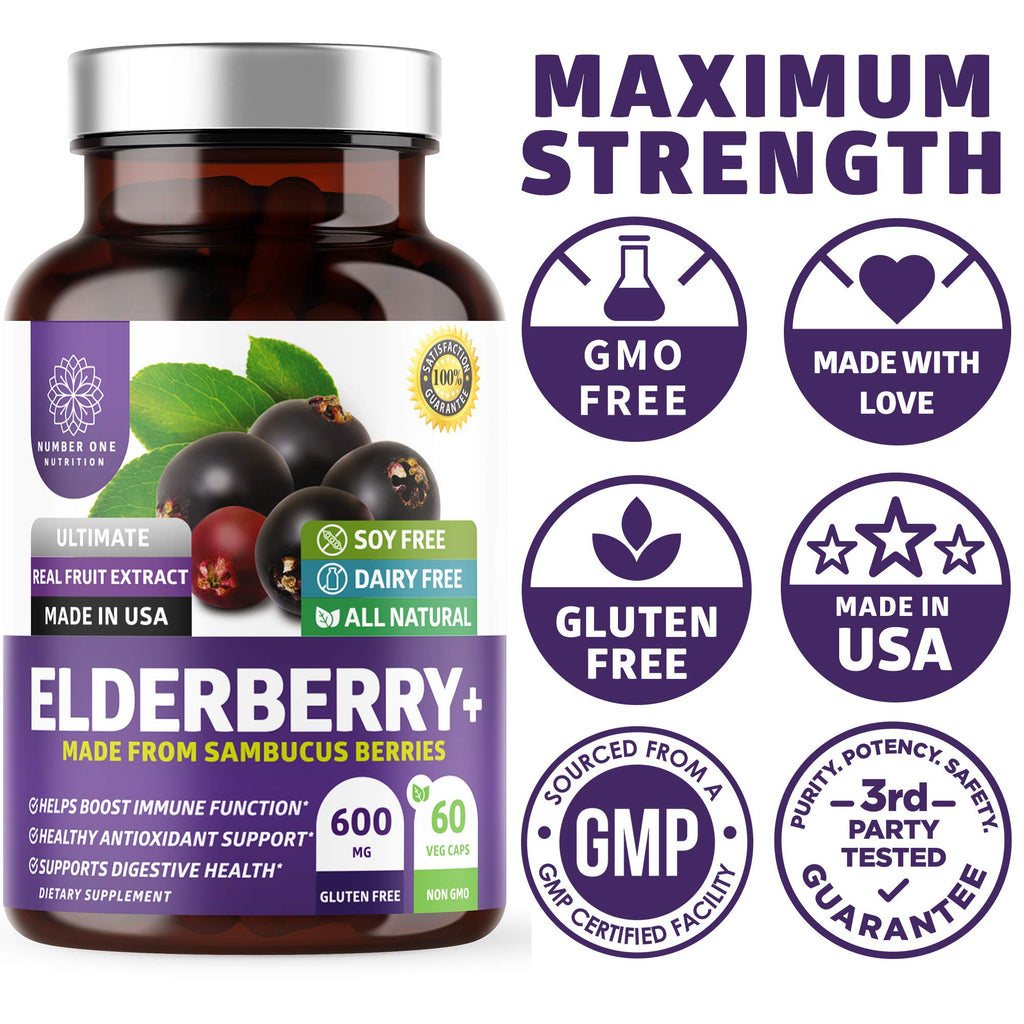 N1N Premium Black Elderberry Capsules for Adults [Max Strength] Pure and Potent Elderberry from Sambucus Nigra to Support Immunity & Skin Health, Non-GMO, Gluten Free, 60 Veg Caps - TrustMedUSA