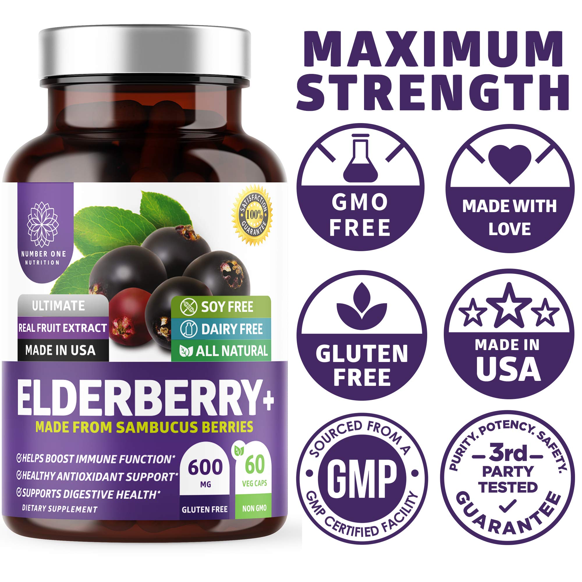 N1N Premium Black Elderberry Capsules for Adults [Max Strength] Pure and Potent Elderberry from Sambucus Nigra to Support Immunity & Skin Health, Non-GMO, Gluten Free, 60 Veg Caps - TrustMedUSA