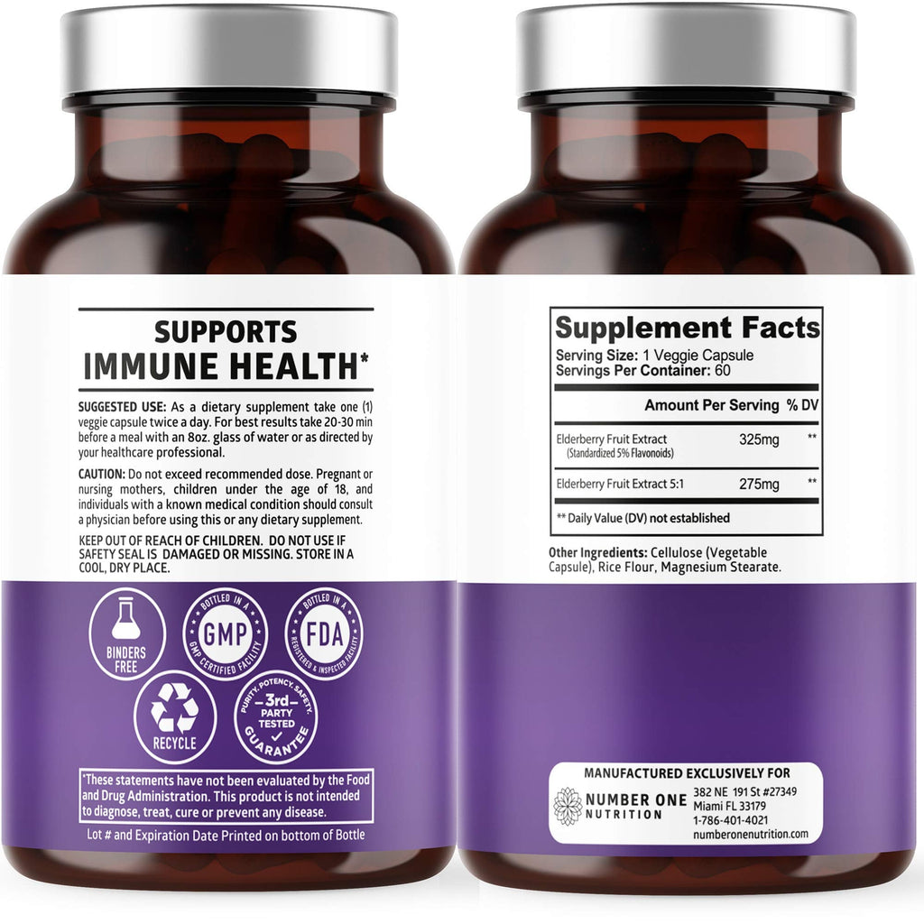 N1N Premium Black Elderberry Capsules for Adults [Max Strength] Pure and Potent Elderberry from Sambucus Nigra to Support Immunity & Skin Health, Non-GMO, Gluten Free, 60 Veg Caps - TrustMedUSA