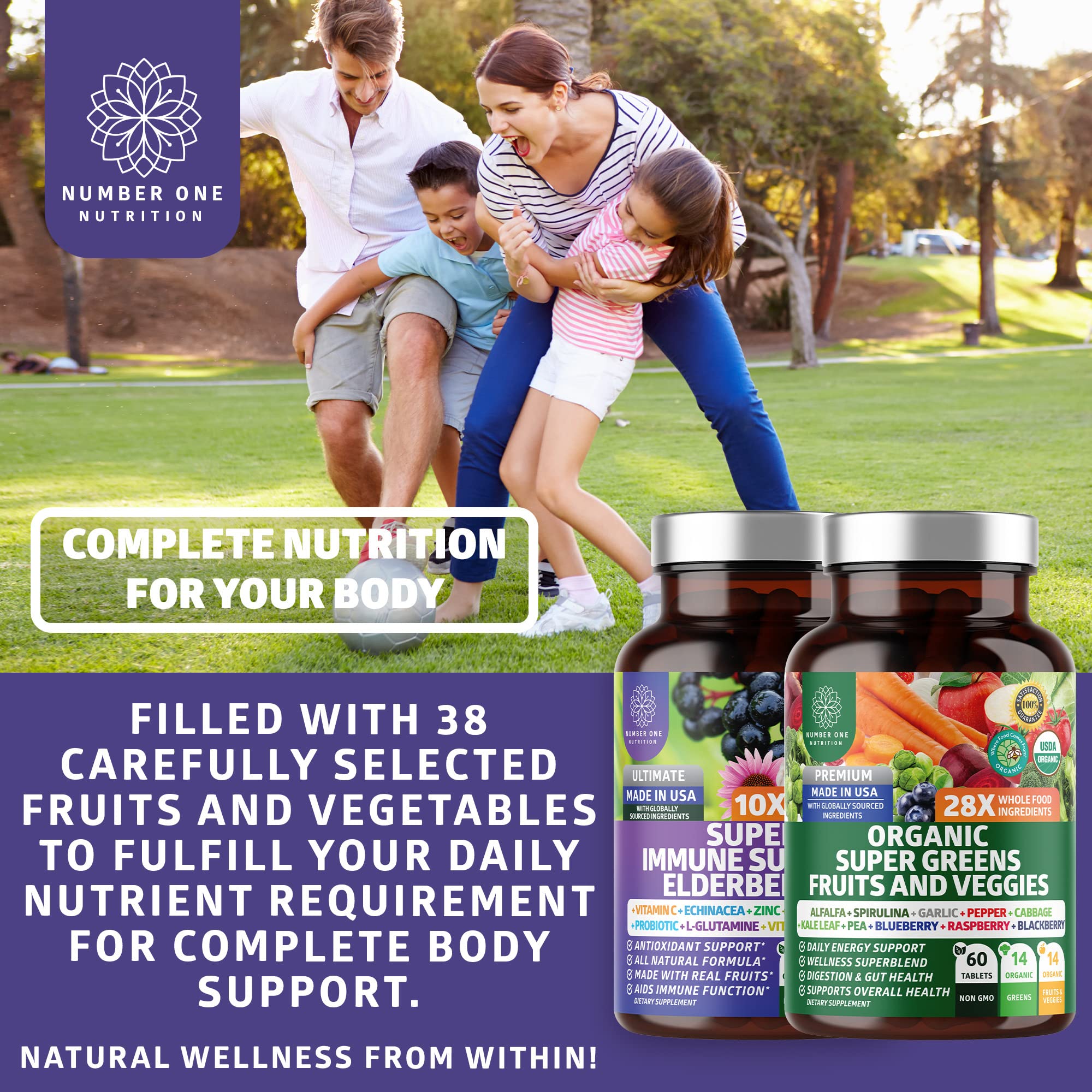 N1N Premium Organic Super Fruits & Veggies + Immune Support [38 Powerful Ingredients], Natural Super Greens Supplement with Alfalfa, Vitamins & Minerals, Zinc, Turmeric and Probiotic, 120 Caps - TrustMedUSA