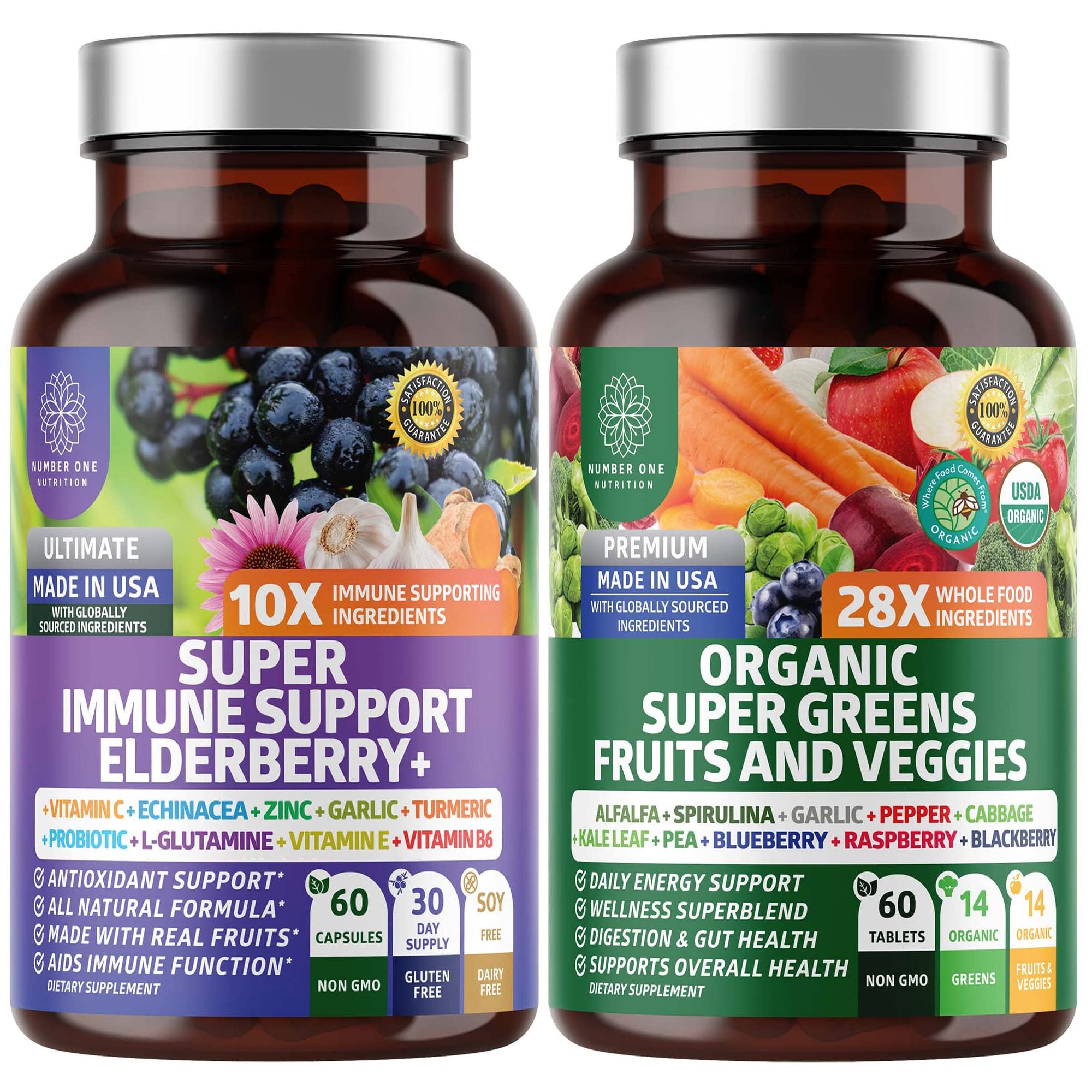 N1N Premium Organic Super Fruits & Veggies + Immune Support [38 Powerful Ingredients], Natural Super Greens Supplement with Alfalfa, Vitamins & Minerals, Zinc, Turmeric and Probiotic, 120 Caps - TrustMedUSA