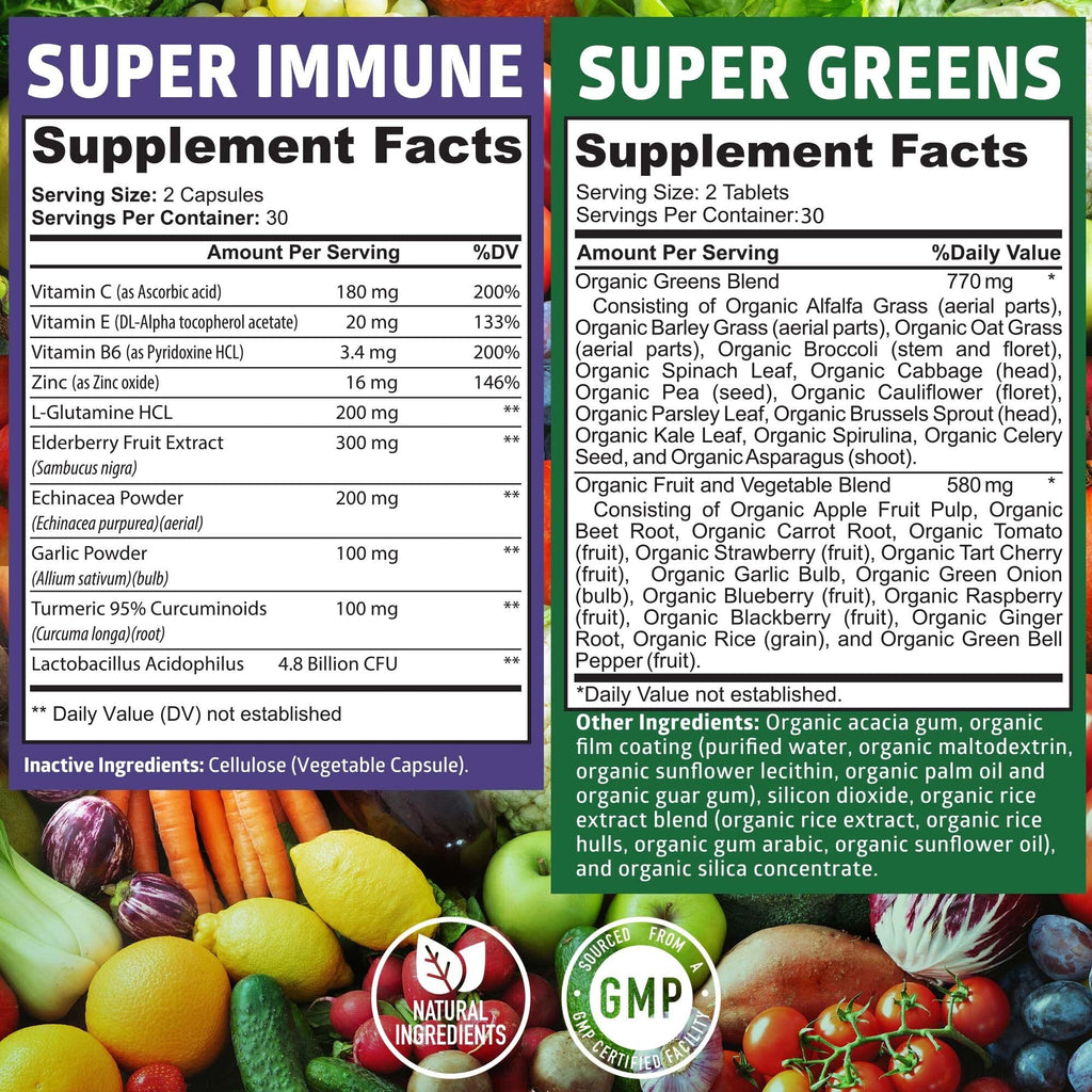 N1N Premium Organic Super Fruits & Veggies + Immune Support [38 Powerful Ingredients], Natural Super Greens Supplement with Alfalfa, Vitamins & Minerals, Zinc, Turmeric and Probiotic, 120 Caps - TrustMedUSA