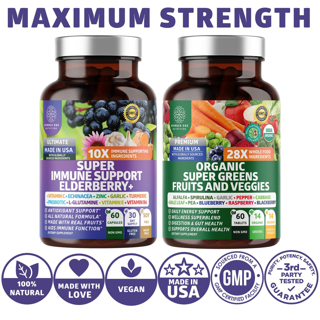 N1N Premium Organic Super Fruits & Veggies + Immune Support [38 Powerful Ingredients], Natural Super Greens Supplement with Alfalfa, Vitamins & Minerals, Zinc, Turmeric and Probiotic, 120 Caps - TrustMedUSA