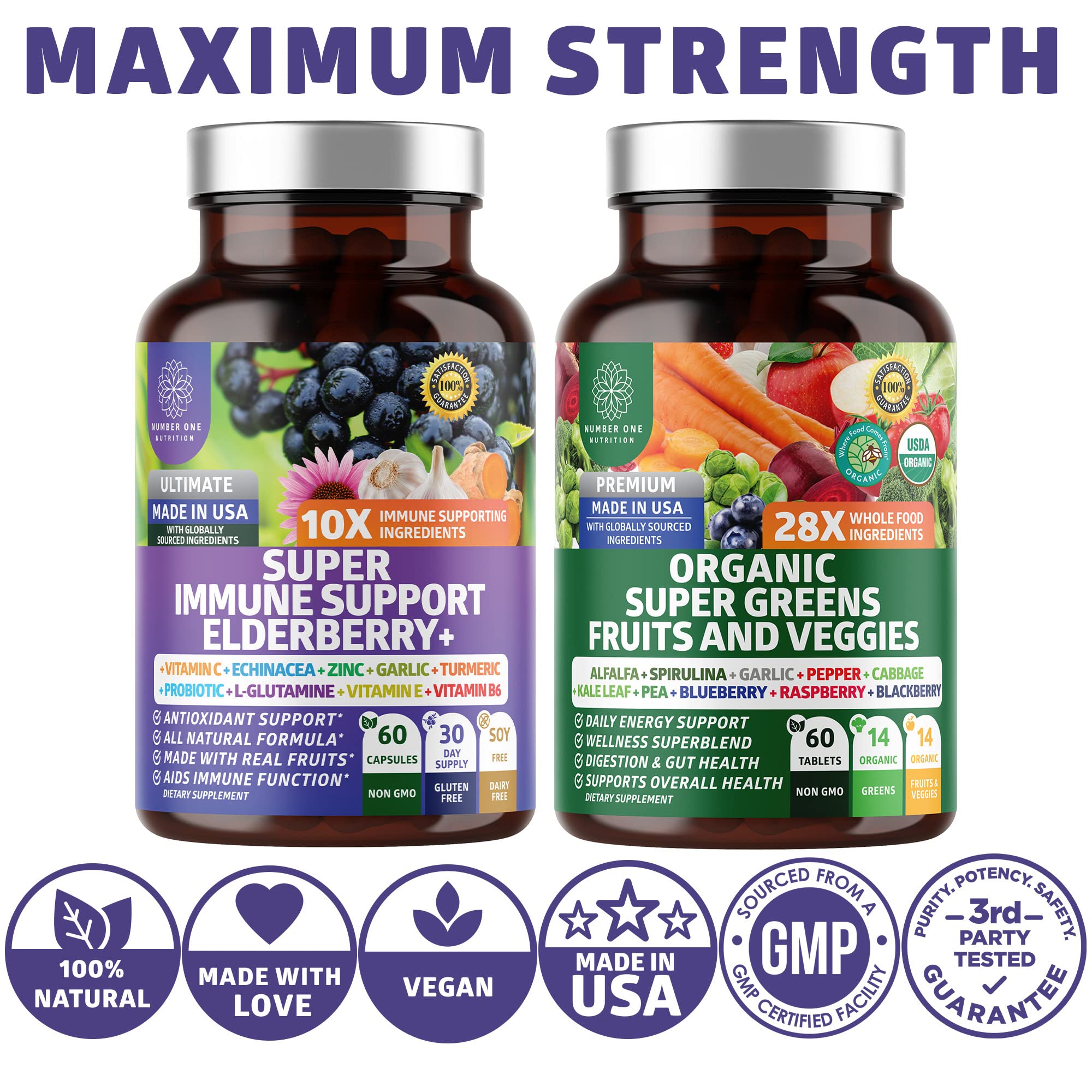 N1N Premium Organic Super Fruits & Veggies + Immune Support [38 Powerful Ingredients], Natural Super Greens Supplement with Alfalfa, Vitamins & Minerals, Zinc, Turmeric and Probiotic, 120 Caps - TrustMedUSA