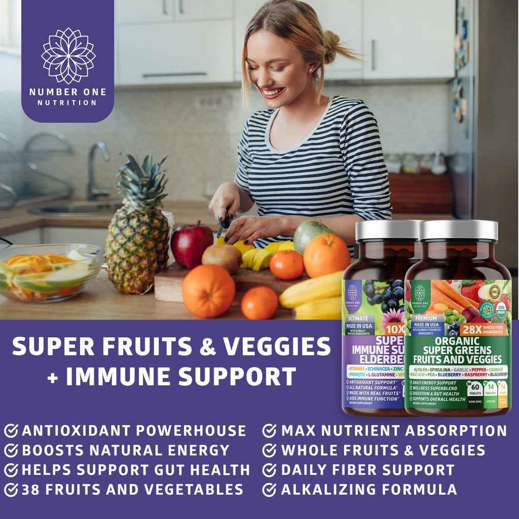 N1N Premium Organic Super Fruits & Veggies + Immune Support [38 Powerful Ingredients], Natural Super Greens Supplement with Alfalfa, Vitamins & Minerals, Zinc, Turmeric and Probiotic, 120 Caps - TrustMedUSA