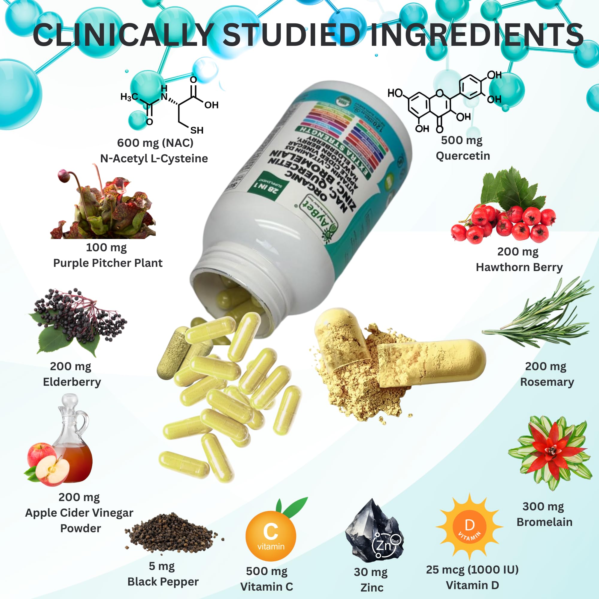 NAC-n-acetyl cysteine- Quercetin Zinc Bromelain Supplement | Extra Strength with Vit C, D3, Apple Cider Vinegar, Elderberry, Hawthorn Berry, Turmeric | Immune Support|120 Vegan Capsules | USDA Organic - TrustMedUSA
