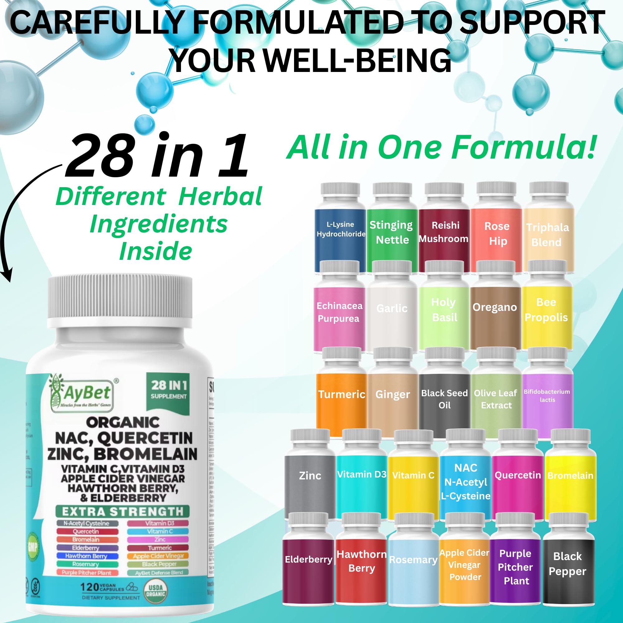 NAC-n-acetyl cysteine- Quercetin Zinc Bromelain Supplement | Extra Strength with Vit C, D3, Apple Cider Vinegar, Elderberry, Hawthorn Berry, Turmeric | Immune Support|120 Vegan Capsules | USDA Organic - TrustMedUSA