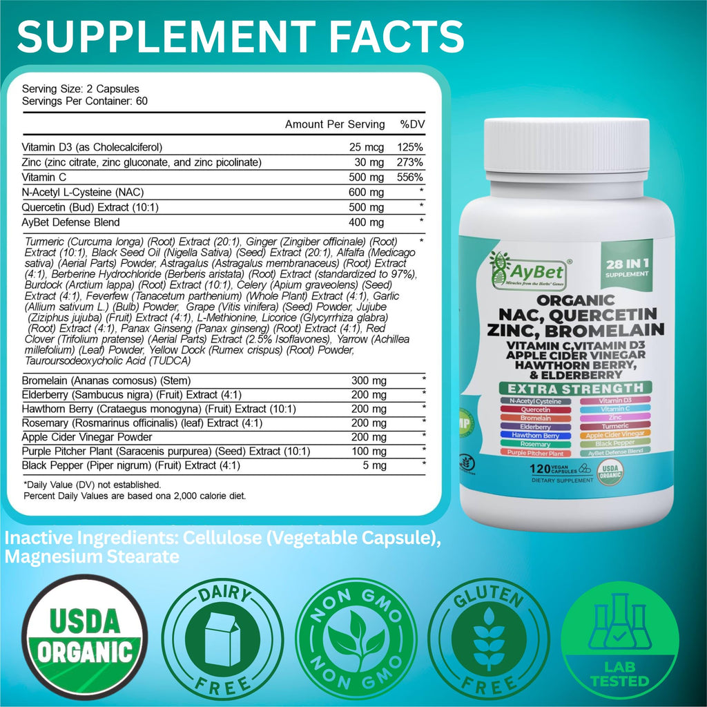 NAC-n-acetyl cysteine- Quercetin Zinc Bromelain Supplement | Extra Strength with Vit C, D3, Apple Cider Vinegar, Elderberry, Hawthorn Berry, Turmeric | Immune Support|120 Vegan Capsules | USDA Organic - TrustMedUSA