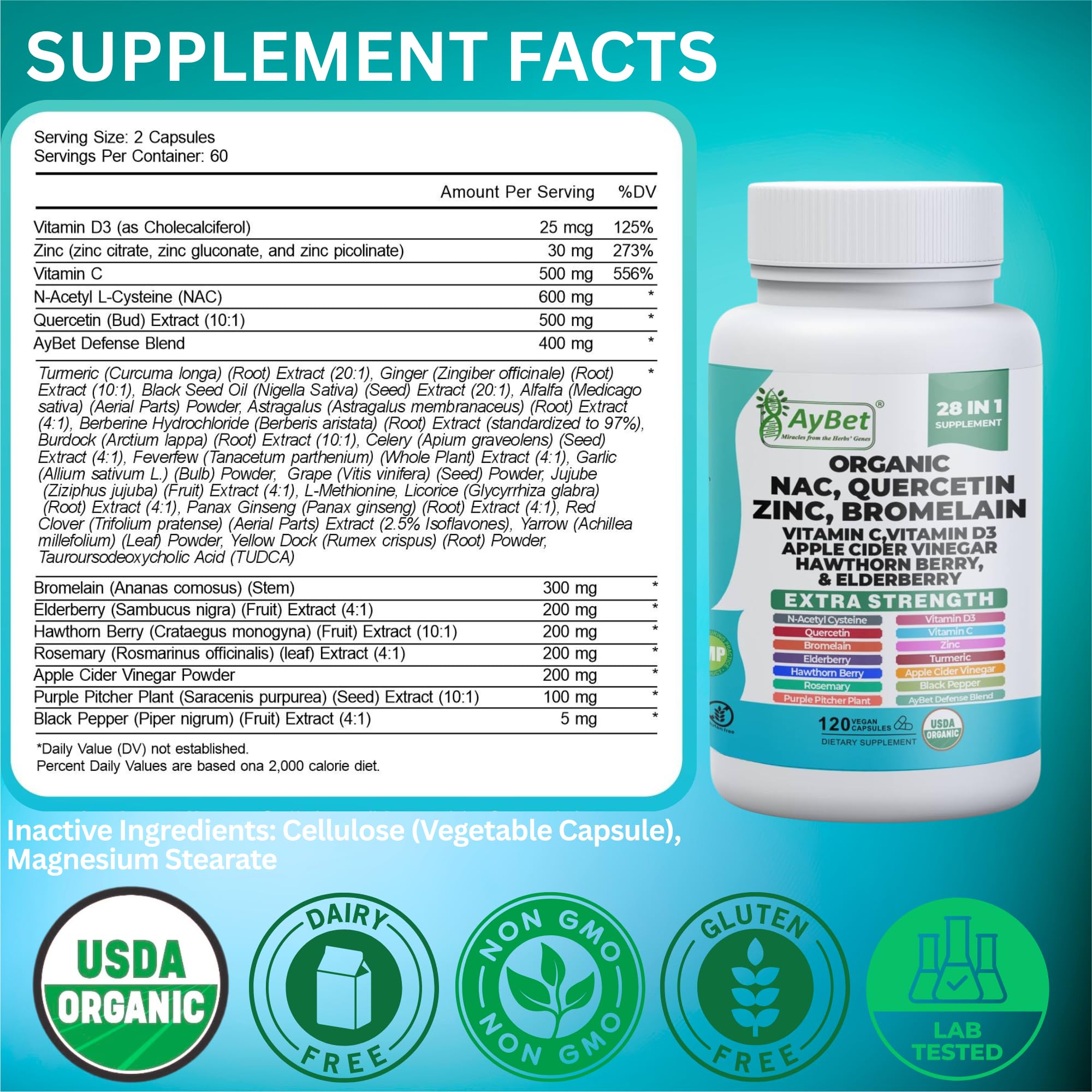 NAC-n-acetyl cysteine- Quercetin Zinc Bromelain Supplement | Extra Strength with Vit C, D3, Apple Cider Vinegar, Elderberry, Hawthorn Berry, Turmeric | Immune Support|120 Vegan Capsules | USDA Organic - TrustMedUSA