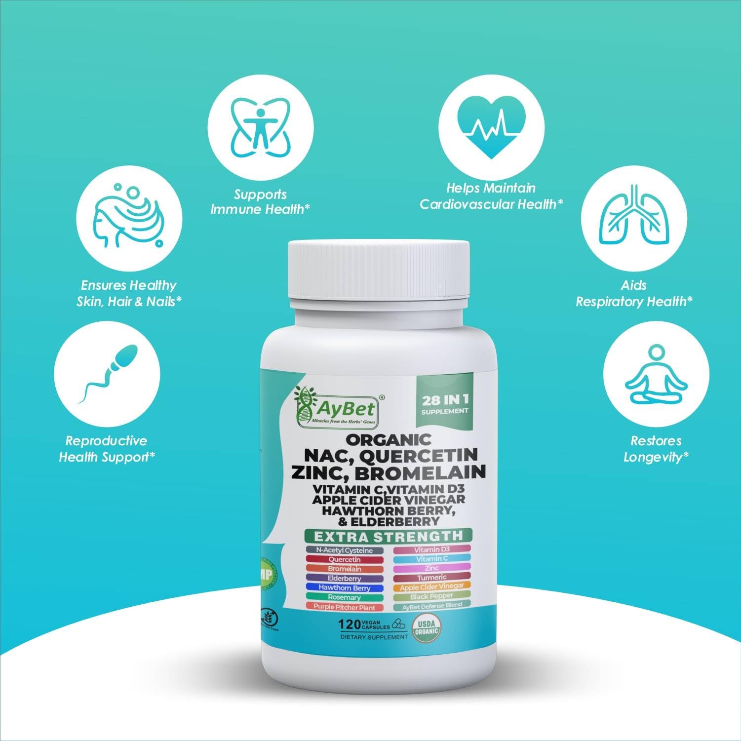NAC-n-acetyl cysteine- Quercetin Zinc Bromelain Supplement | Extra Strength with Vit C, D3, Apple Cider Vinegar, Elderberry, Hawthorn Berry, Turmeric | Immune Support|120 Vegan Capsules | USDA Organic - TrustMedUSA