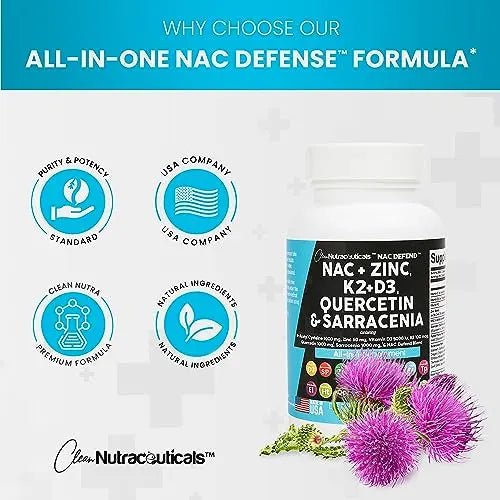 NAC Supplement N-Acetyl Cysteine 1000mg Vitamin D3 K2 Zinc Quercetin - TrustMedUSA