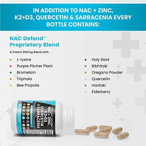 NAC Supplement N-Acetyl Cysteine 1000mg Vitamin D3 K2 Zinc Quercetin - TrustMedUSA
