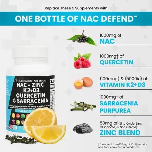 NAC Supplement N-Acetyl Cysteine 1000mg Vitamin D3 K2 Zinc Quercetin - TrustMedUSA