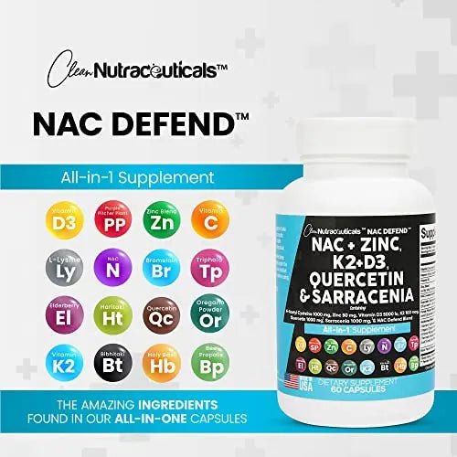NAC Supplement N-Acetyl Cysteine 1000mg Vitamin D3 K2 Zinc Quercetin - TrustMedUSA