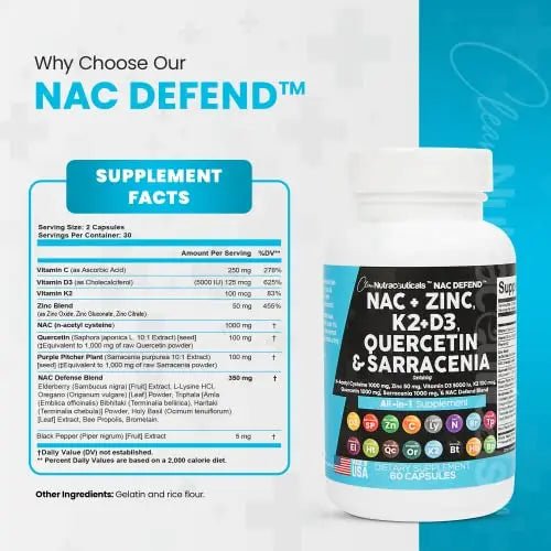 NAC Supplement N-Acetyl Cysteine 1000mg Vitamin D3 K2 Zinc Quercetin - TrustMedUSA