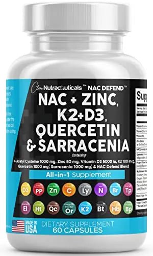 NAC Supplement N-Acetyl Cysteine 1000mg Vitamin D3 K2 Zinc Quercetin - TrustMedUSA