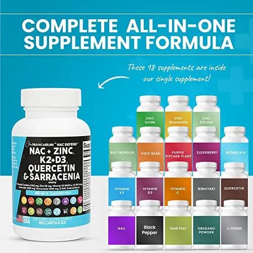 NAC Supplement N-Acetyl Cysteine 1000mg Vitamin D3 K2 Zinc Quercetin - TrustMedUSA
