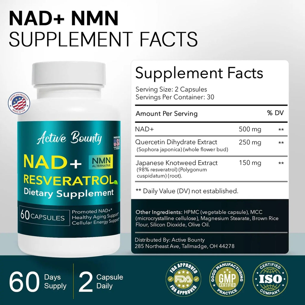 NAD+ Resveratrol Supplement with Quercetin – NMN Alternative for Cellular Energy Support, Focus & Healthy Aging – High Potency 500mg NAD+ Formula, Vegan, Non-GMO, Gluten-Free, Made in USA, 60 Capsules - TrustMedUSA