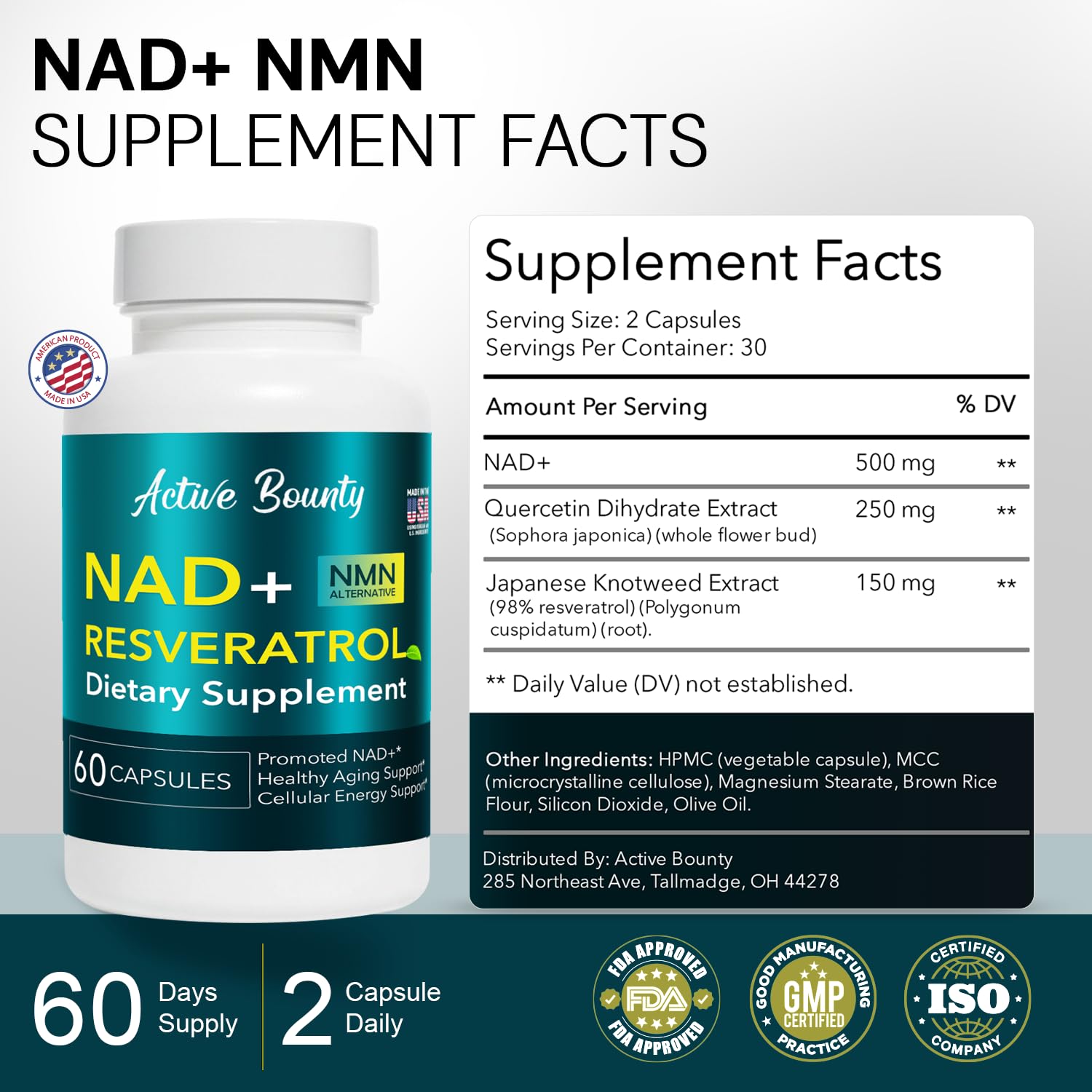 NAD+ Resveratrol Supplement with Quercetin – NMN Alternative for Cellular Energy Support, Focus & Healthy Aging – High Potency 500mg NAD+ Formula, Vegan, Non-GMO, Gluten-Free, Made in USA, 60 Capsules - TrustMedUSA