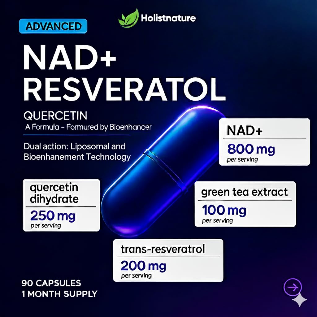 NAD+ Supplement, 1,360mg Max Strength Liposomal | Resveratrol, Quercetin, Green Tea | Cellular Energy & Healthy Aging for Men & Women | 800mg of 100% High Purity NAD+ for Energy, Focus - 90 Capsules - TrustMedUSA