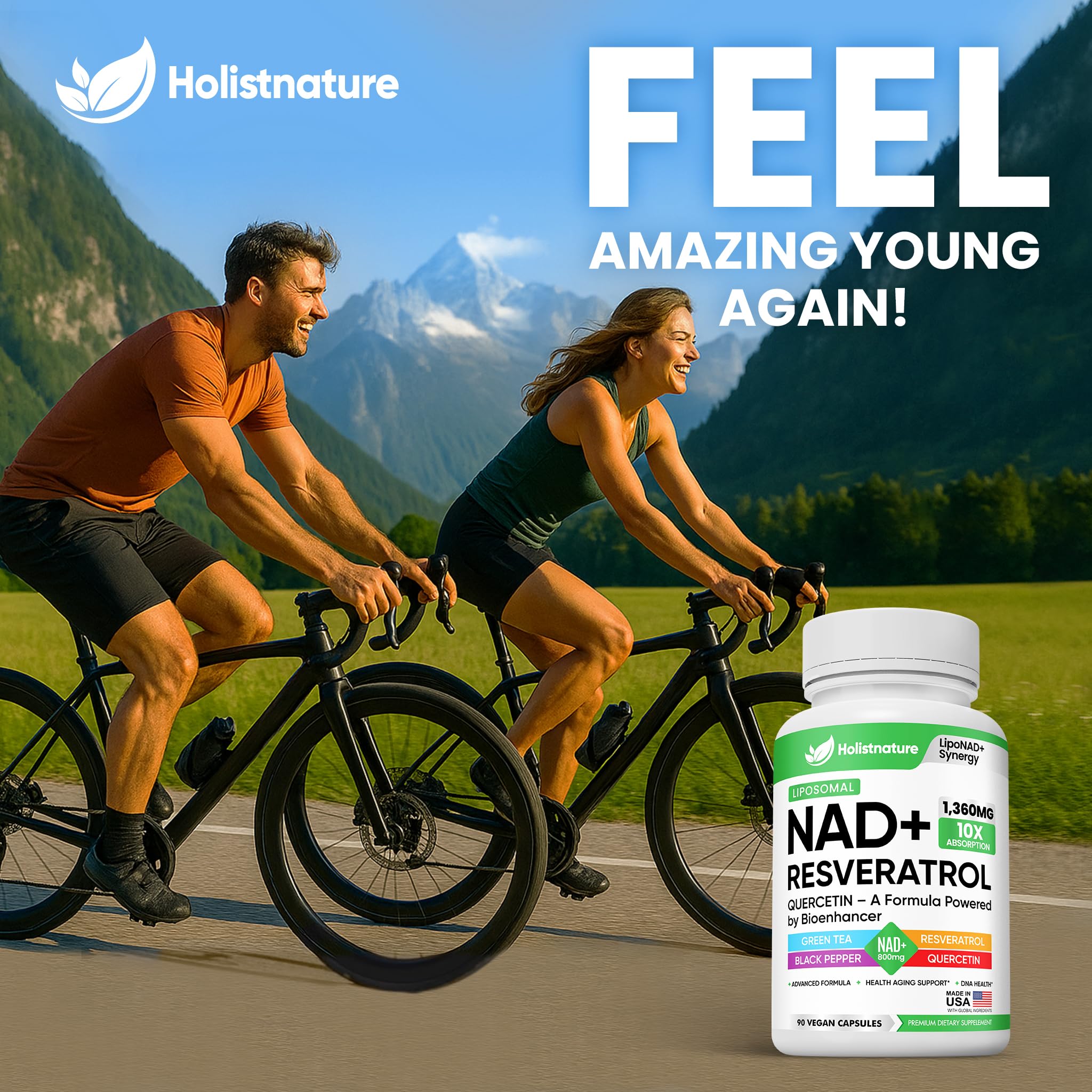 NAD+ Supplement, 1,360mg Max Strength Liposomal | Resveratrol, Quercetin, Green Tea | Cellular Energy & Healthy Aging for Men & Women | 800mg of 100% High Purity NAD+ for Energy, Focus - 90 Capsules - TrustMedUSA