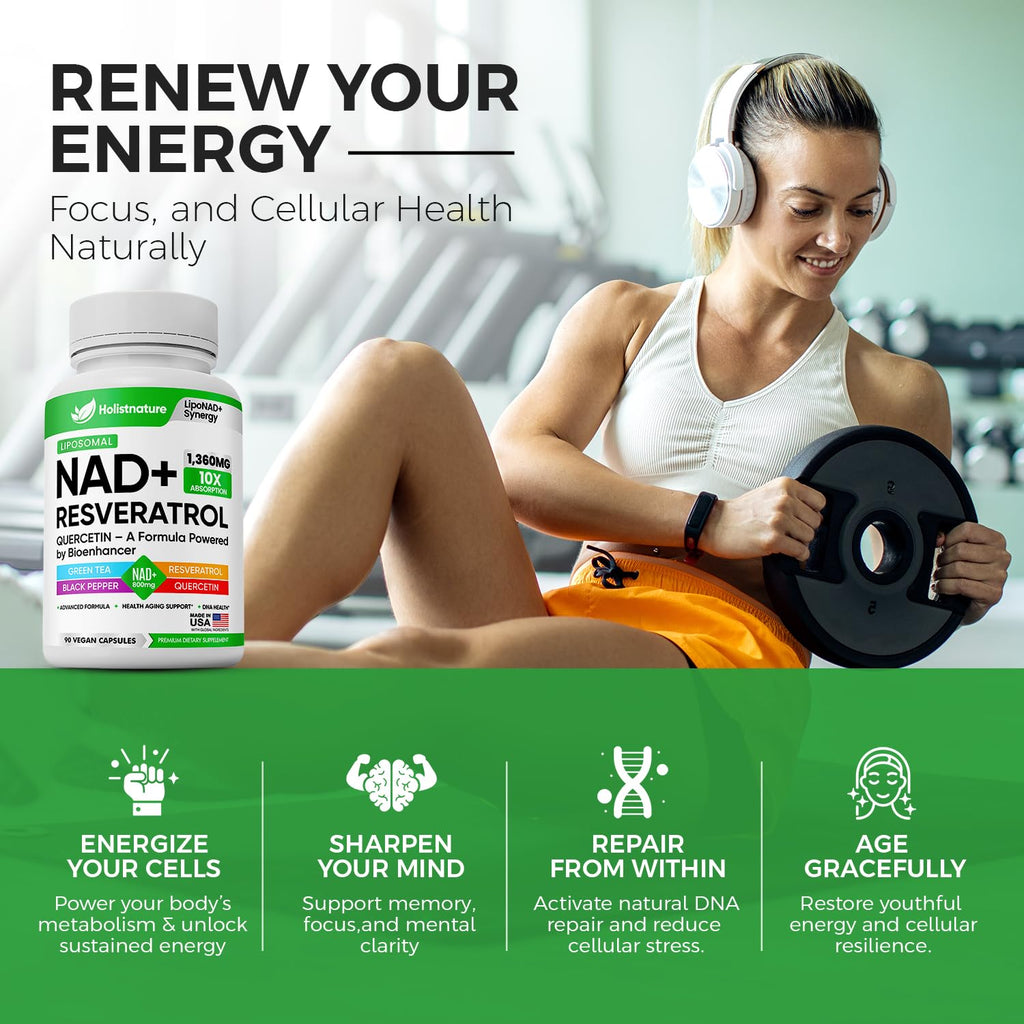 NAD+ Supplement, 1,360mg Max Strength Liposomal | Resveratrol, Quercetin, Green Tea | Cellular Energy & Healthy Aging for Men & Women | 800mg of 100% High Purity NAD+ for Energy, Focus - 90 Capsules - TrustMedUSA