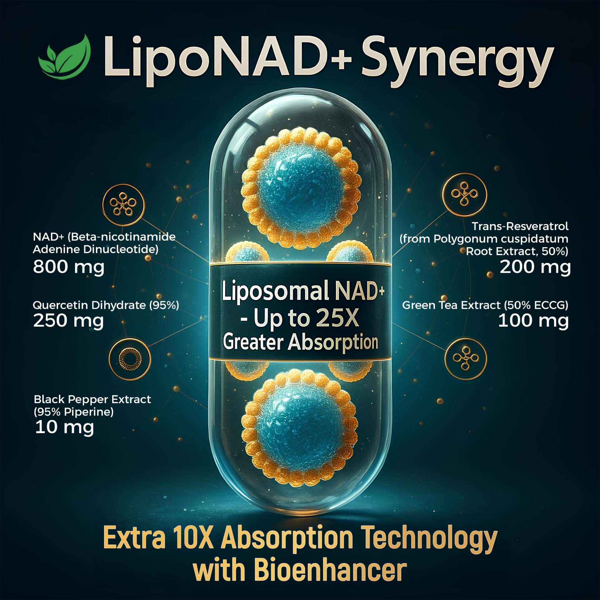 NAD+ Supplement, 1,360mg Max Strength Liposomal | Resveratrol, Quercetin, Green Tea | Cellular Energy & Healthy Aging for Men & Women | 800mg of 100% High Purity NAD+ for Energy, Focus - 90 Capsules - TrustMedUSA