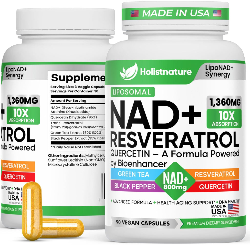 NAD+ Supplement, 1,360mg Max Strength Liposomal | Resveratrol, Quercetin, Green Tea | Cellular Energy & Healthy Aging for Men & Women | 800mg of 100% High Purity NAD+ for Energy, Focus - 90 Capsules - TrustMedUSA