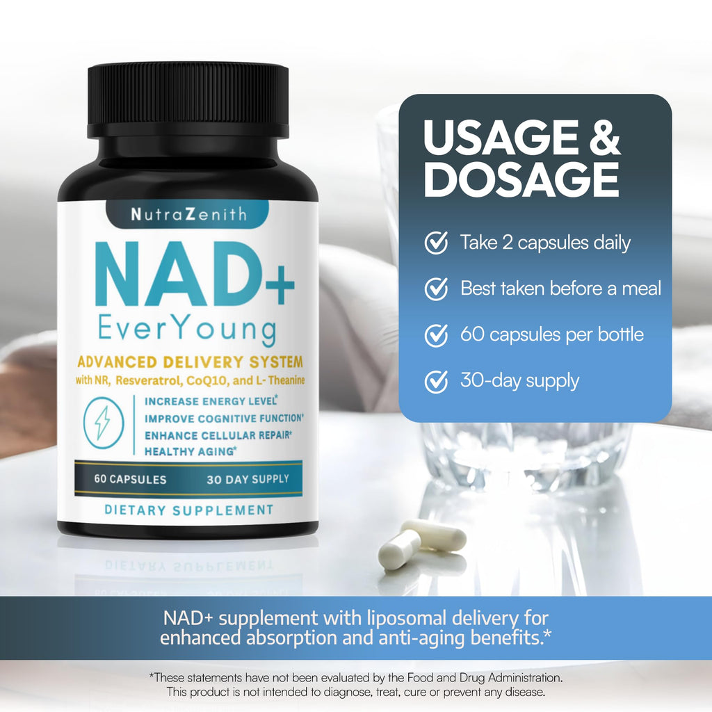 NAD+ Supplement with Nicotinamide Riboside (NMN Alternative), CoQ10 & Resveratrol – 60 Capsules for Healthy Aging Support, Energy Boost & Cognitive Function Enhancement – Cellular Renewal & Vitality - TrustMedUSA
